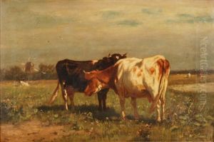 Weidelandschaft Mit Kuhen - Im Hintergrnd Eine Windmuhle by Johannes-Hubertus-Leonardus de Haas