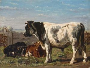 A Bull And Calves In A Summer Landscape by Johannes-Hubertus-Leonardus de Haas