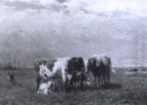 Kuhweide Mit Stier, Kuh Und Drei Kalbern Kuhweide Mit Stier, Kuh Und Drei Kalbern
