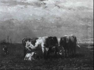 Weite Weidelandschaft Mit Stier, Kuh Und K,lbern Weite Weidelandschaft Mit Stier, Kuh Und K,lbern