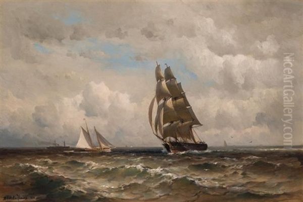 Brigantine, Schooner And Steamship At Sea - view 1