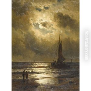 Strandpartie Im Mondschein Mit Segelboot by Mauritz F. H. de Haas