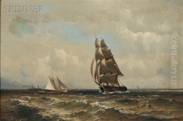 Brigantine, Schooner, And Steamship At Sea - view 1