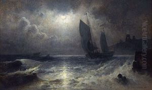 Sailboat Off A Moonlit Coast by Mauritz F. H. de Haas