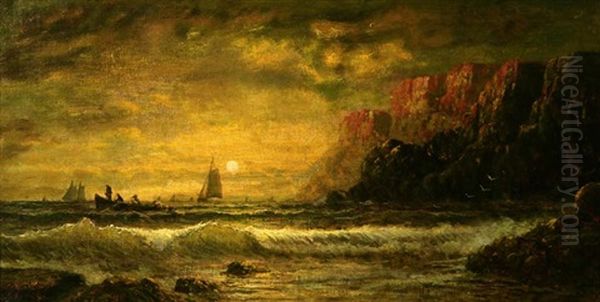 Figures And Boats Along A Rocky Coast At Sunset - view 1