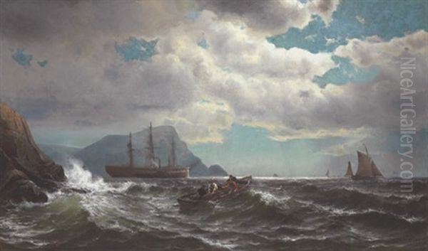 Lobstermen Off A Northeast Coast (maine?) With A Packet Ship And A Steam Tug In The Distance - view 1
