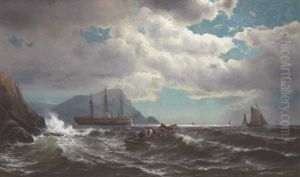 Lobstermen Off A Northeast Coast (maine?) With A Packet Ship And A Steam Tug In The Distance by Mauritz F. H. de Haas