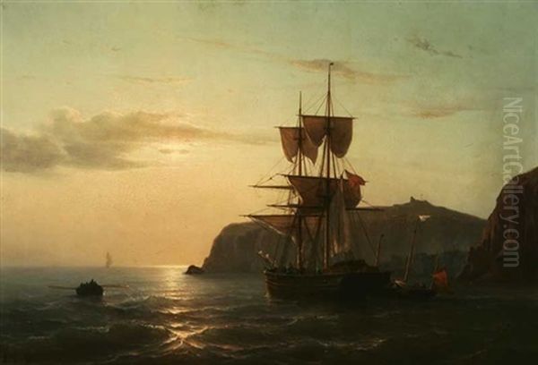 Ship And Long Boat Near A Harbor Entrance With Pilot Boat Astern - view 1