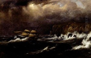 Ships On A Rocky Coast In Stormy Seas by Mauritz F. H. de Haas