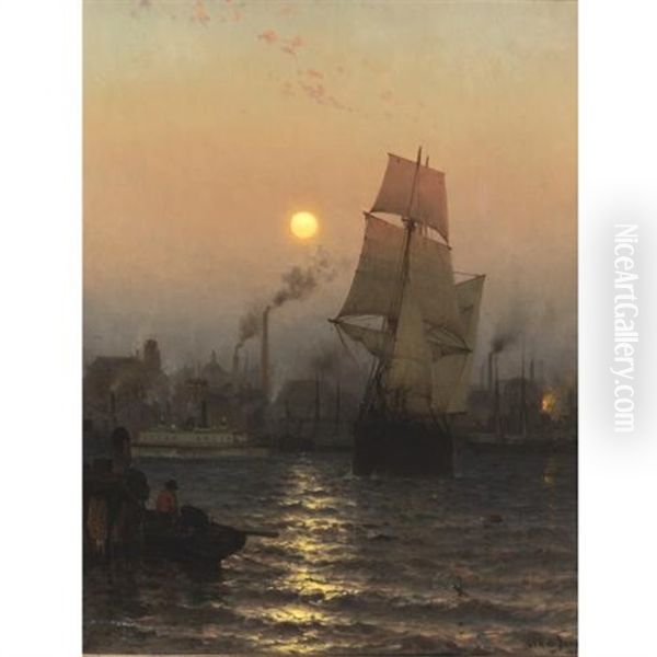 Shipping In Harbor By Moonlight - view 1