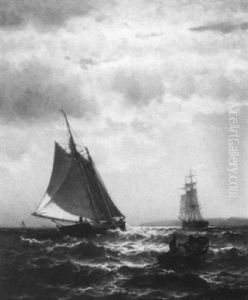 Ship, Schooner And Launch Off Coastal Cliffs by Mauritz F. H. de Haas