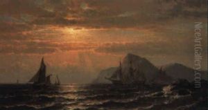 Sailing Vessels Off A Rocky Coast At Sunset by Mauritz F. H. de Haas