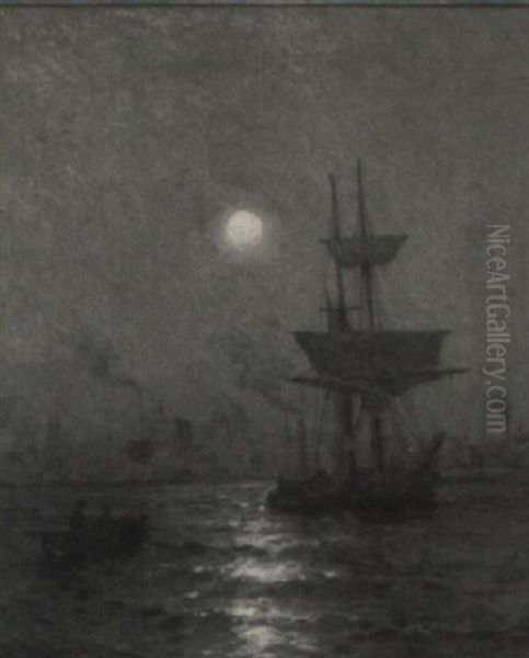 Rowboat And Ship In City Harbor - view 1