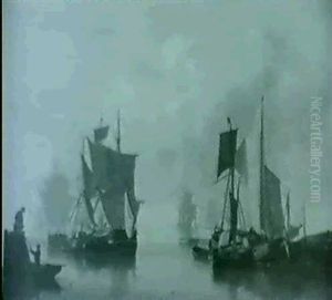 Ships In A Dutch Harbor/a Luminest View by Mauritz F. H. de Haas