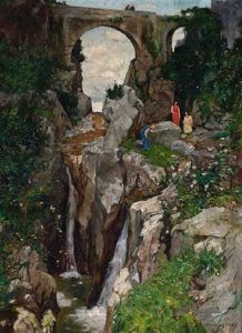 Fruhlingslandschaft Mit Brucke, Madchen Und Blumenwiesen Fruhlingslandschaft Mit Brucke, Madchen Und Blumenwiesen