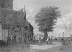 A View Of The Groothoofdspoort, Dordrecht, With Townsfolk On A Quay