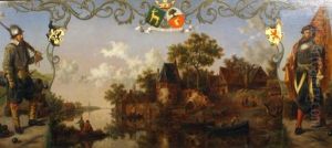 Two Warriors Flanking A 17th Century Landscape Topped With The Text Spreuk 'expecto Meum Tempus' by Pieter Alardus Haaxman