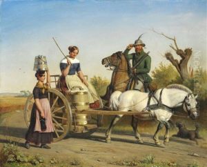 The Hunter Greets The Milkmaids Driving Home From The Market by Nicolai Francois Habbe