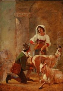 Roman Scenery With Two People Milking The Goats by Nicolai Francois Habbe
