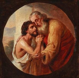 Religious Scene With Jesus Embracing An Elderly Man With A Beard