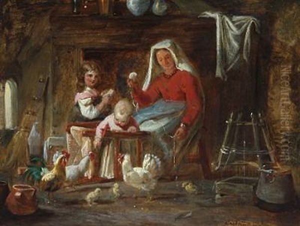Interior With Italian Woman And Children Playing With Chickens - view 1