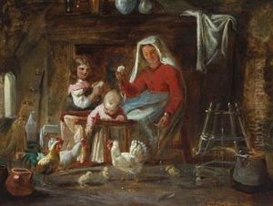Interior With Italian Woman And Children Playing With Chickens by Nicolai Francois Habbe
