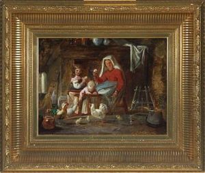 Interior With Italian Woman And Children Playing With Chickens by Nicolai Francois Habbe
