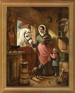 Scullery With Mother And Child Feeding A Horse by Nicolai Francois Habbe