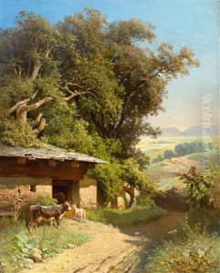 A Summer Landscape With A Cowshed And Animals A Summer Landscape With A Cowshed And Animals