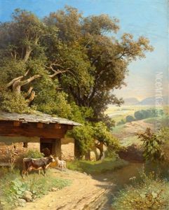 Summer Landscape With A Cattle Shed And Animals