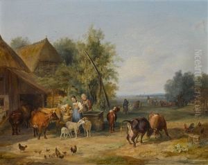 Zwei Magde Mit Vieh Am Brunnen Vor Dem Bauernhaus