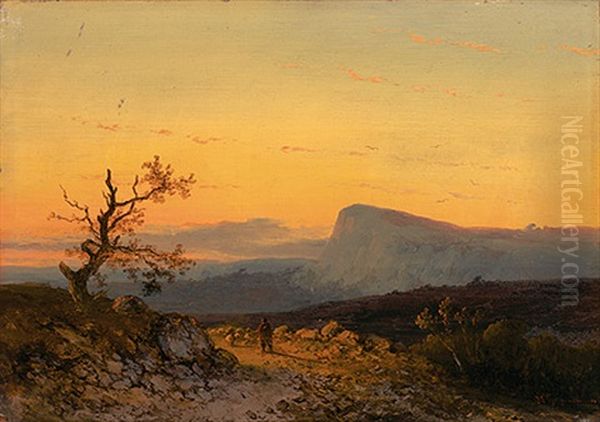 Abendlandschaft Mit Schafherde Auf Dem Heimweg - view 1