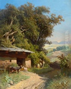 Sommerliche Landschaft Mit Einem Viehstall Und Tieren
