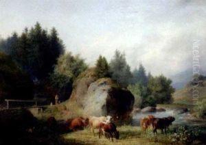Kuhe Und Ziegen Am Ufer Eines Felsgesaumten Flusses by Sebastian Habenschaden