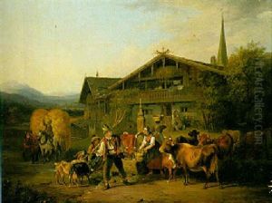 Bauern Mit Vieh Vor Dem Hausbrunnen