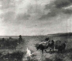 Hirte Mit Seiner Herde Am Ufer Eines Weihers by Sebastian Habenschaden