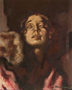 Portrait Einer Eleganten Jugendlichen Dame In Lachsfarbener Abendlicher Ballrobe Mit Pelzbesatz by Hugo von Habermann the Elder