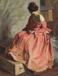Madchen In Rotem Kleid by Hugo von Habermann the Elder
