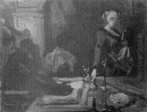 Interieur Mit Frau Und Blumenvase Auf Dem Tisch