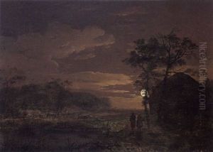 A Moonlit Landscape With Travellers On A Path