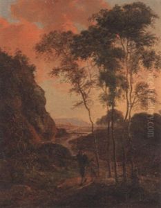 An Extensive River Landscape With A Man And A Boy On A Path by Johannes Cornelis Haccou