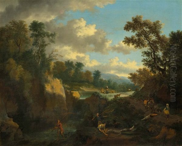 Fishers, Shepherd And Travellers At A Waterfall - view 1