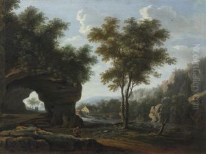 Rocky Landscape With Figures And Mill by Jan Hackaert