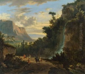 Landschaft Mit Wasserfall Und Einer Jagdgesellschaft