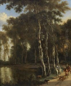 A Hawking Party On A Woodland Path by Jan Hackaert