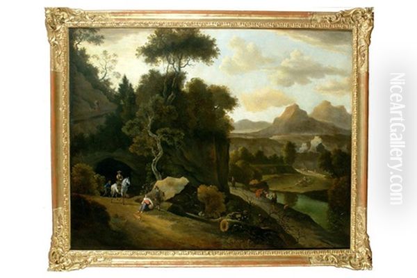 Paesaggio Montano Con Fiume Alberi E Personaggi - view 1