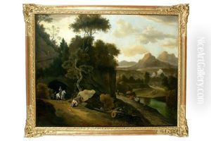 Paesaggio Montano Con Fiume Alberi E Personaggi Paesaggio Montano Con Fiume Alberi E Personaggi