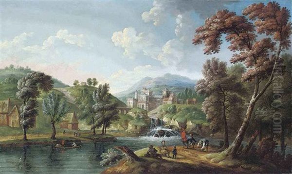 An Extensive River Landscape With Figures Resting On Bank, A Castle Beyond - view 1