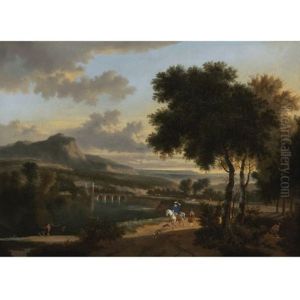 An Extensive Landscape With Travellers, Fishermen And Cattle Drovers On A Path With A Roman Bridge Beyond