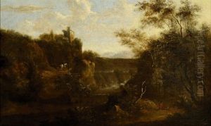 Figures On A Road Alongside A Brook In A Hilly Landscape